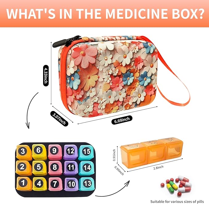 Pill Organizer, 15-Day Medicine Box with Hard Shell Case, 3 Times Daily Dosage Schedule, Plastic Rectangular Design, Includes Pill Cutter and Monthly Weekly Stickers,Flowers