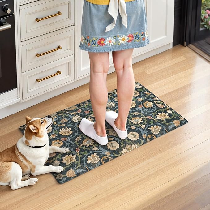 KIMODE Anti Fatigue Kitchen Mats for Floor Non Slip,Boho Kitchen Sink Rug Waterproof,Comfort Cushioned Padded Kitchen Floor Mats for Bathroom Sink Office Home Decor,Dark Green/Blue 17.3"x28"