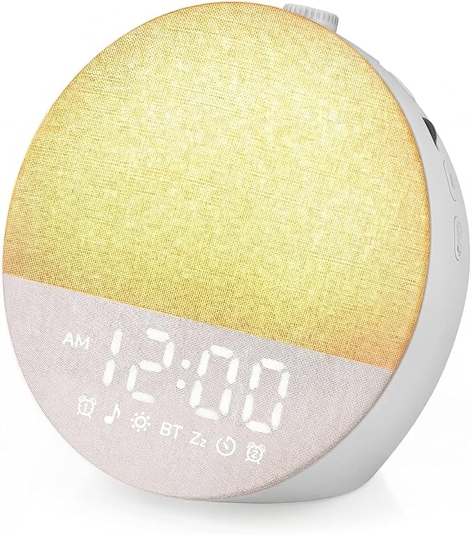 Sunrise Alarm Clock White Noise Machine | Natural Wake-Up Light for Bedroom with 30 Soothing Sleep Aids, Bluetooth Speaker, Dimmable Clock, Screen-Free Design for Baby Adults Kids-Grey