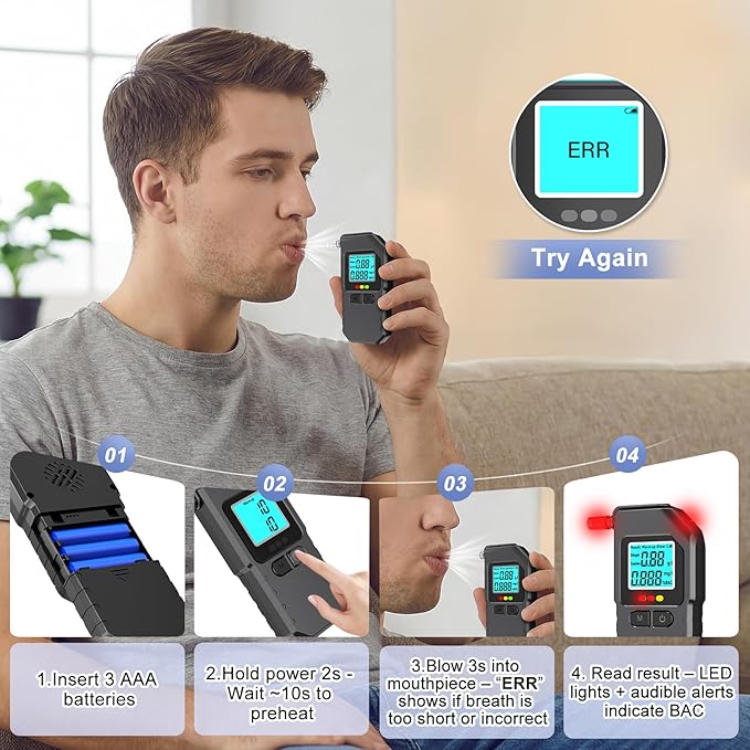 Breathalyzer Digital BAC Tester, Handheld Breath Alcohol Tester for Car, Home & Travel, Laboratory-Grade Dual-Core Processor, LED & LCD Display, Rapid Detection, History Memory, 20 Mouthpieces