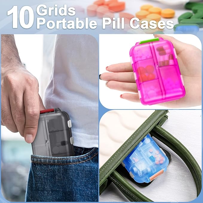 Sabary 16 Pcs Travel Pill Organizers with 10 Compartments Portable Weekly Small Pill Cases Daily Fish Oil Vitamins Medicine Box Dispensers for Pocket Purse Medicine Organizer Essentials(Stylish Color)
