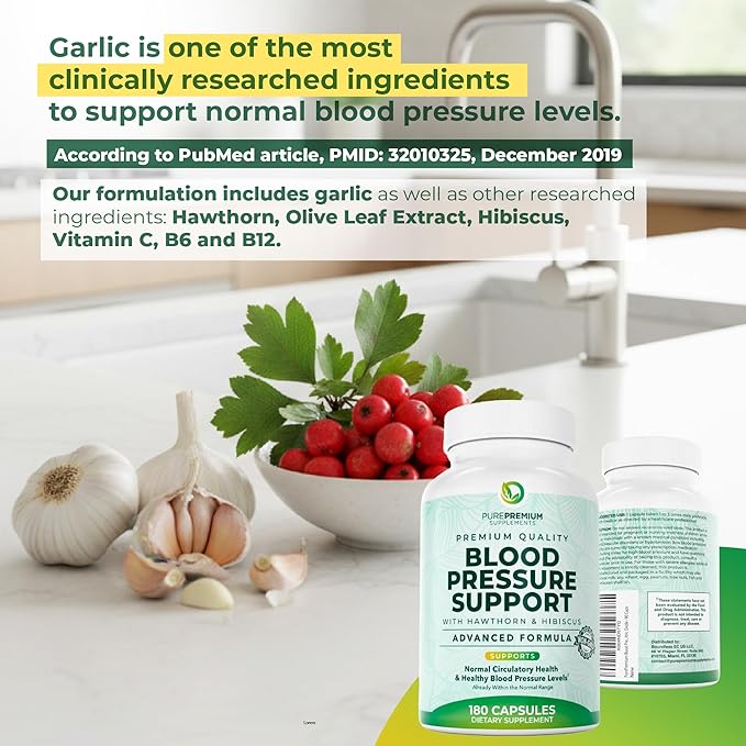 PurePremium Blood Pressure Supplements with Hawthorn Berry, Hibiscus, Garlic & Vitamin B12- Nitric Oxide Supplement for Normal Heart Health, Circulation Health & Blood Pressure Support - 180ct