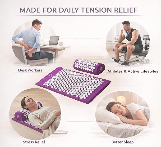 Acupressure Mat & Pillow Set – Extra-Long 29” Acupressure Therapy for Back & Neck Pain Relief, Sciatica, Stress Relief & Sleep Support – Includes Carry Bag & Hot/Cold Pack (Purple)
