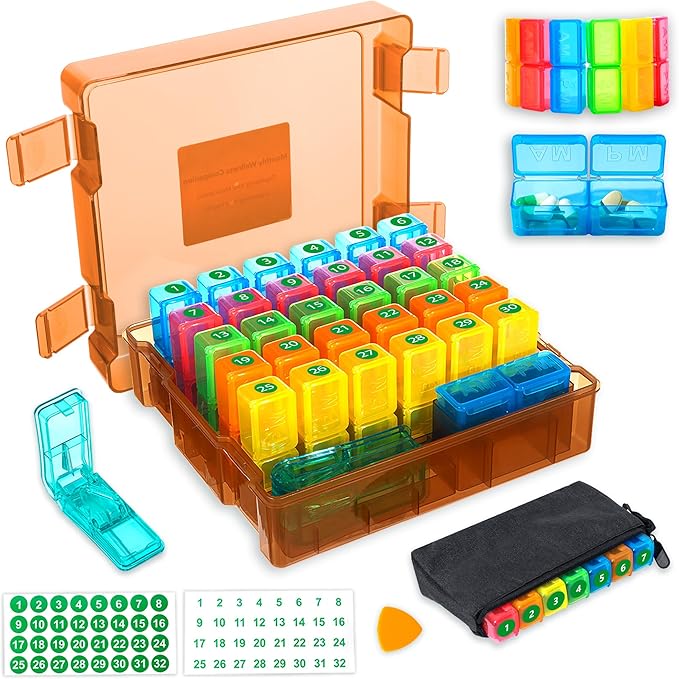 Monthly Pill Organizer 2 Times a Day, Portable AM PM Pill Box with Weekly Travel Bag, Large Capacity Medicine Organizer with Labels, 30 Day Pill Case & Pill Cutter for Medication Management (Orange)