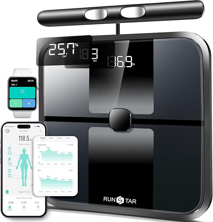 RunStar Smart Scale for Body Weight, Full-Body Bathroom Scale with 8 Electrodes for BMI, Muscle Mass, 3-Metric Display, High-Accuracy Body Composition Monitor with 28 Metrics & App Connectivity Black