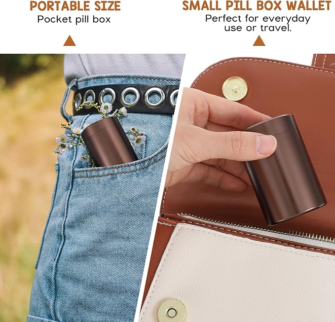 Portable Metal Small Pill Case, Round Aluminium Alloy Pill Holder Pocket Small Pill Box Waterproof Medicine Organizer Bottle Container for Travel Outdoor Vitamin Fish Oils (Brown)