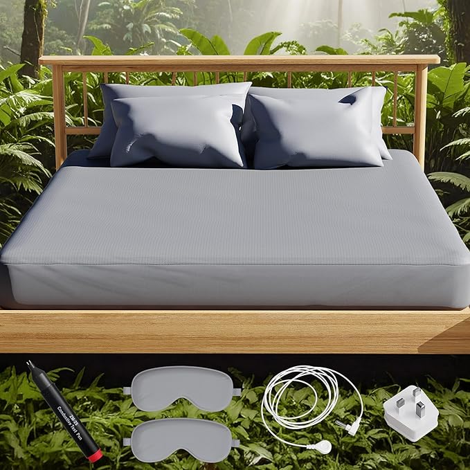 Grounding Sheet (Organic Cotton with Silver Fibres), Deep Sleep, Recovery & Sleep Optimisation, Grounded Bed Sheet for Natural Sleep Therapy, Breathable Fitted Sheet, Deep Pocket, Queen, Gray