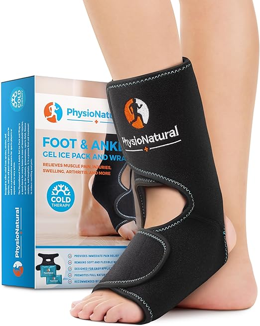 PhysioNatural Foot & Ankle Ice Wrap with 2 Cold Gel Packs – Great for Sprained Ankle, Achilles Tendon Injuries, Plantar Fasciitis, Bursitis & Sore Feet – Cold Therapy Pain Relief (XS-XL)