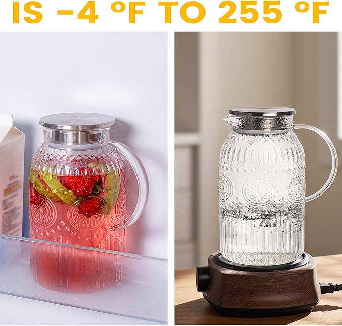 Bandesun Vintage Glass Pitcher with Lid, 128oz/ 1 Gallon Water Pitcher with Handle for Fridge Heat Resistant Borosilicate Water Jug, Carafe for Hot/Cold Coffee, Tea,Beverage 1Pack