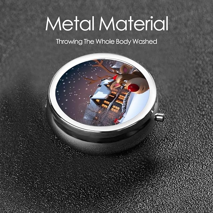 Small Pill Box 3 Compartment Christmas Pill Box for Pocket or Purse Decorative Metal Pill Organizer Portable Travel Pillbox Round Medicine Vitamin Holder Unique Gift