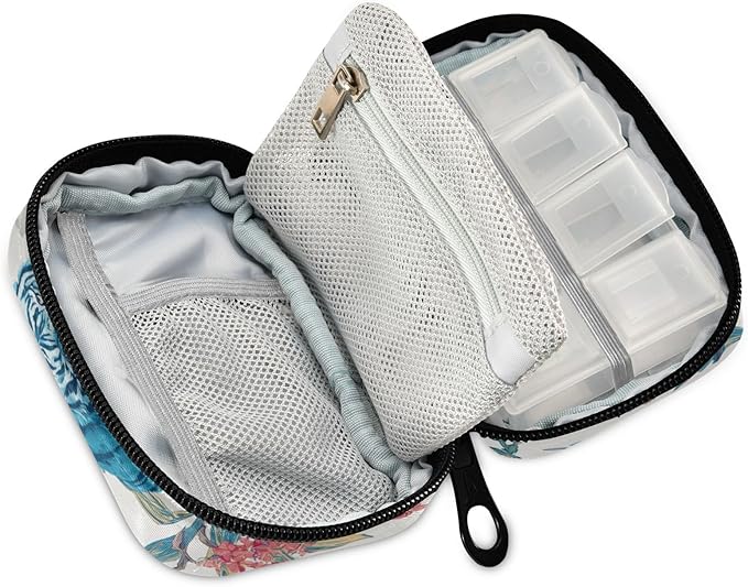 Blue Tigers and Colorful Flowers Travel Pill Organizer Case Box Container Weekly Portable Vitamin Medicine Holder Storage Bag with Zipper Removable