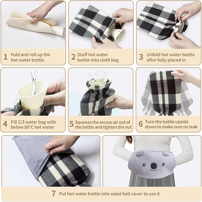 Hot Water Bag, Hot Water Bottle wtih Cover, 2L Rubber Warm Hot Water Bottles Pouch with 130cm Long Soft Waist Cover for Neck, Shoulder, Back, Hand, Legs and Period Pain Relief