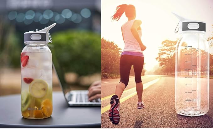 student 32oz tritan Water Bottle with Straw & Handle, BPA Free clear sports Bottle with Time Marker, Leakproof drinking water bottle, Dishwasher Safe water Jug for Gym, School,travel, Fitness Outdoor