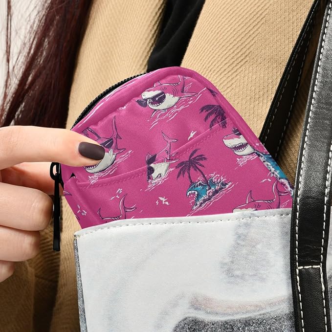 Pink Island Sharks Palm Trees Waves Travel Pill Organizer Case Box Container Weekly Portable Vitamin Medicine Holder Storage Bag with Zipper Removable