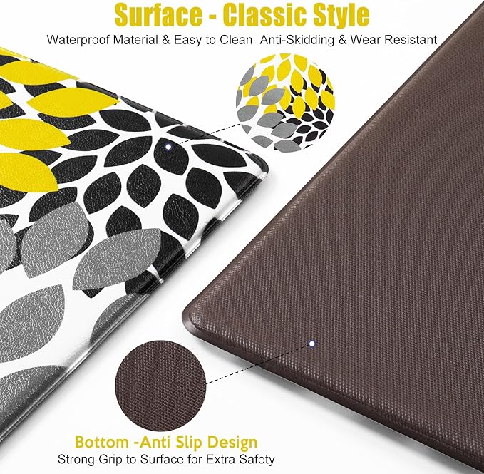 Likiyol Kitchen Mats for Floor [2 PCS] Anti-Fatigue Comfort Kitchen Rugs, Boho Flower Cushioned Waterproof Kitchen Decor Mat Thick, Standing Floor Mats for Home/Office, 18''x30''+18''x48''(Yellow)