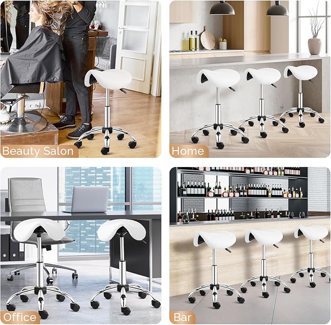 OmySalon Saddle Stool Rolling Chair, Ergonomic Saddle Chair with Swivel Wheels, Adjustable Hydraulic Stylist Cutting Stool for Salon Tattoo Massage Office Medical, White