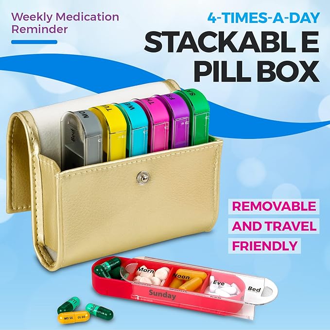 Weekly Travel Pill Organizer - (Set of 2) Medication Wallet Pill Box Reminders, Pill Container Dispenser Case, Vitamin Caddy Organizer, for 4 Times A Day, 7 Days a Week
