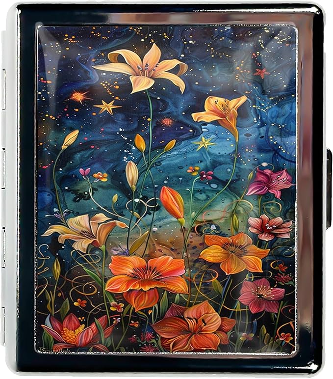 Cute Travel Pill Box Organizer with 8 Compartments - Compact and Fashionable Pill Case with Mirror - Ideal for Medications (Starry Flowers)