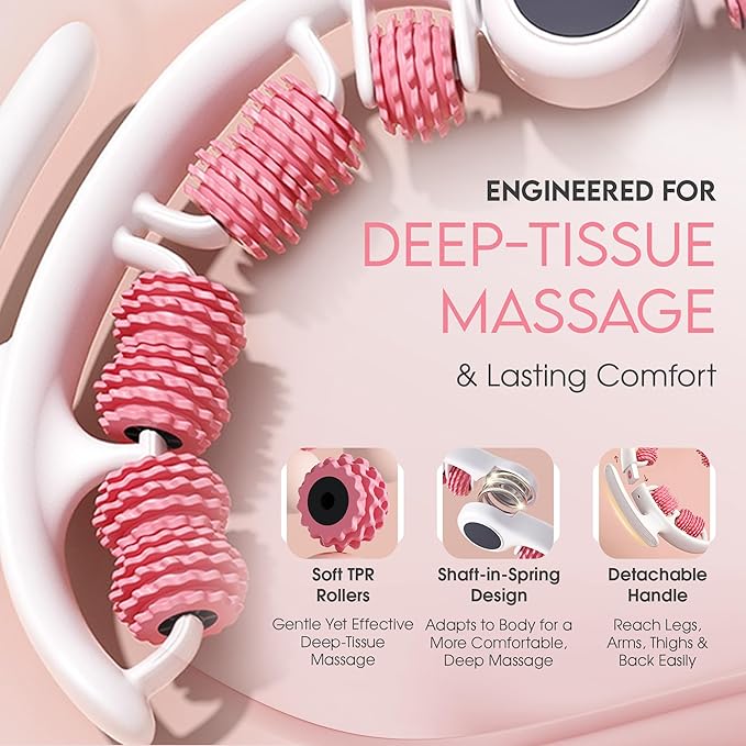 Cellulite Massage Roller, Fascia Blaster, Lymphatic Drainage Massager, Relieve Muscle Soreness, Body Sculpting Tool with Detachable Handles for Thighs, Legs, Buttocks, Gift Exfoliating Brush (Pink)