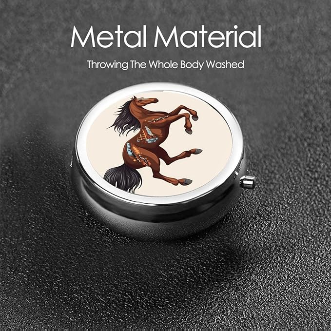 Brown Horse Pill Box 3 Compartment Round Portable Pill Case for Pocket or Purse Pill Holder Weekly Pill Organizer Decorative Metal Medicine Vitamin Organizer Travel Gift