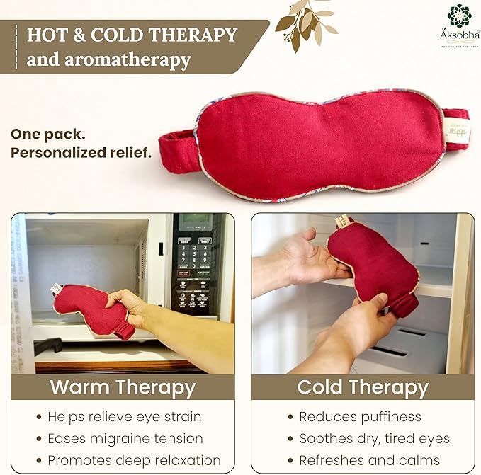 Migraine Eye Mask for Puffy Eyes – Microwaveable Hot and Cold Therapy Eye Pack with Adjustable Strap, Washable Removable Cover, Reusable Cotton Eye Compress for Sinus Pressure
