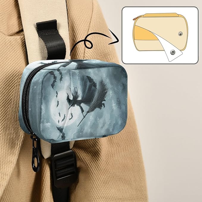 Halloween Bats and Witch Travel Pill Organizer Case Box Container Weekly Portable Vitamin Medicine Holder Storage Bag with Zipper Removable