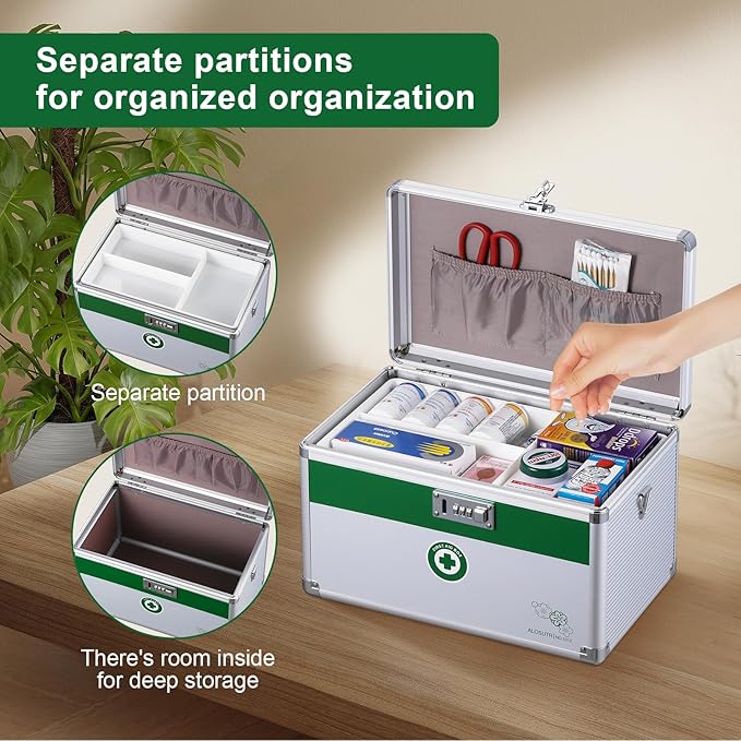 Medicine box with lock 14x8.5x8.5 Inches [Large], Medication Lock box ，First Aid Key Safe Box with Lock, Medical Box Organizer