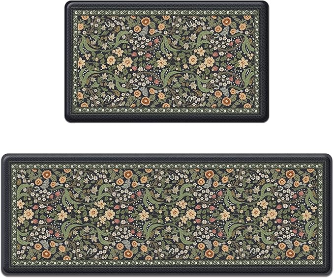 Arttown Kitchen Mats for Floor 2Pcs-Anti Fatigue Non Slip Mats for Kitchen Floor, Cushioned Waterproof & Stain-Resistant Plant Floral Mat Set, Laundry Room, Office, Sink, Desk (Black)
