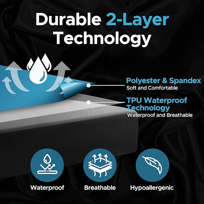 Extreme US King Waterproof Fitted Sheet, 14'' Deep Pocket, 100% Black Mattress Protector, Safe with Oil, Water-Based, & Silicone-Based Massage Products, Machine Washable, Noiseless, Hypoallergenic