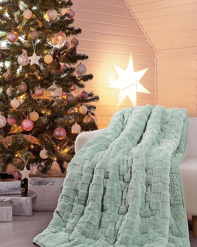 Drewin 15lbs Weighted Blanket Queen Size, Classy Soft Jacquard Checkered Sherpa Weighted Blankets for Sleep Natural and Calming, Cozy Fluffy Heavy Blanket for Sofa Bed, 60 x 80 inches, Sage Green