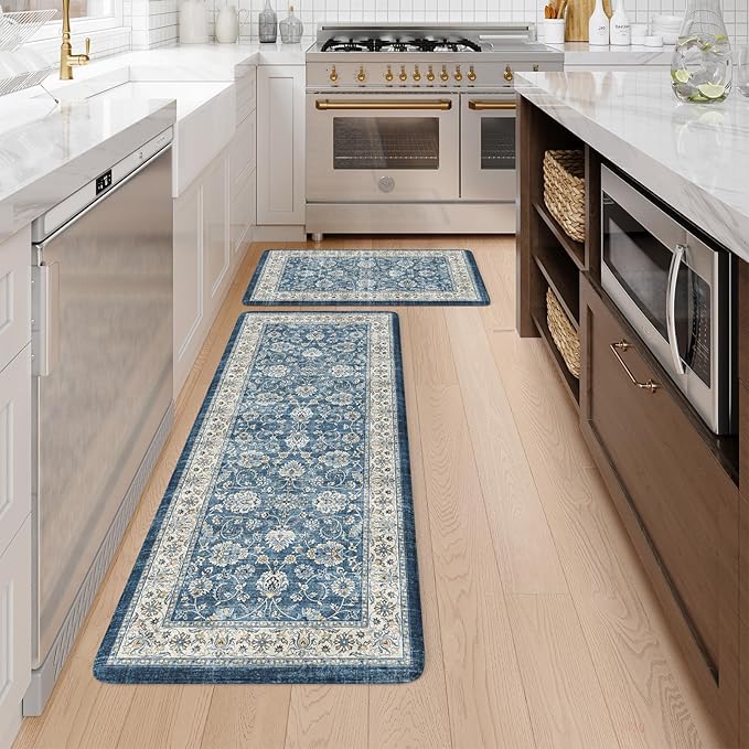 KIMODE Kitchen Mats Cushioned Anti Fatigue, Boho Oriental Kitchen Rugs Sets of 2, Blue Kitchen Mats for Floor, Padded Kitchen Floor Mat, Non Slip Standing Desk Mats for Sink Laundry Office