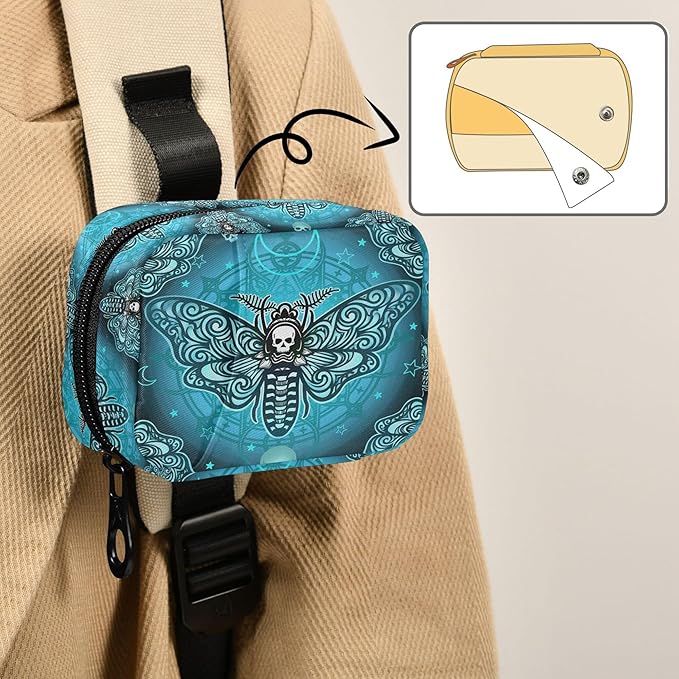 Travel Pill Organizer Bag Weekly Pill Organizer Case Goth Butterfly Skull Teal Portable Small Daily Pill Boxes for Vitamin Fish Oils Supplement Holder with Zipper Compact Size