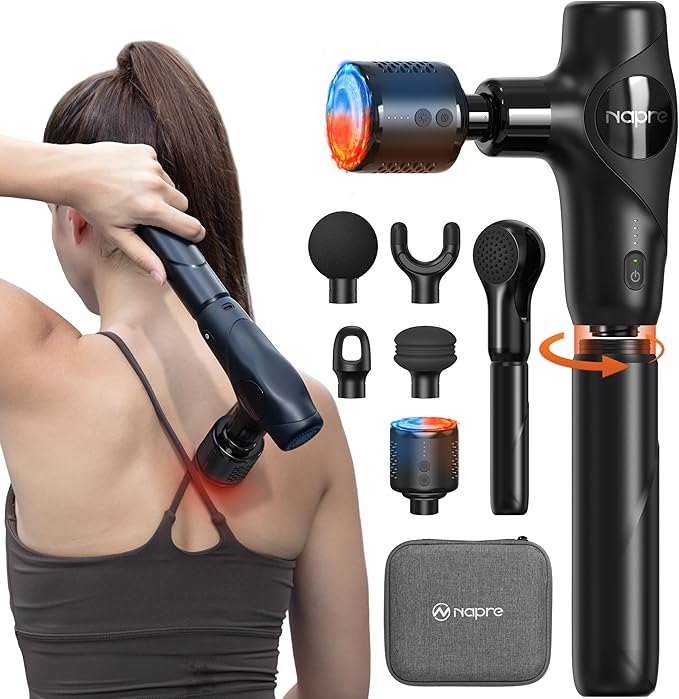 NAPRE 3-in-1 Mini Massage Gun with Heat and Cold,Deep Tissue Back Massage with Detachable Handle for Neck/Body Pain Relief,Portable Handheld Percussion Muscle Massager,Small & Quiet,5 Heads,with Case