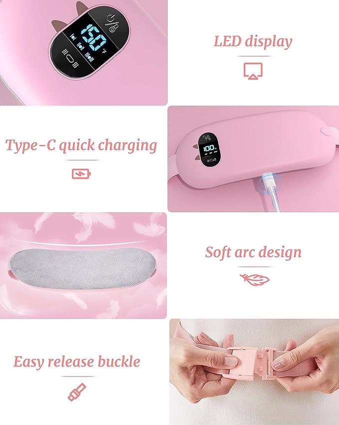 Portable Heating Pad for Cramps, Upgraded Cordless Electric Period Fast Heating Pad for Back Menstrual Belt 6 Heat 6 Vibrating Modes Gifts for Women Girls Her Girlfriend Pink