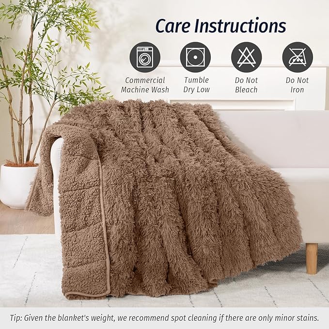 Wemore Shaggy Long Fur Faux Fur Weighted Blanket,Cozy and Fluffy Plush Sherpa Long Hair Blanket for Adult 20lbs,Fluffy Fuzzy Sherpa Reverse Heavy Blanket for Bed,Couch, Brown 60 x 80 Inches