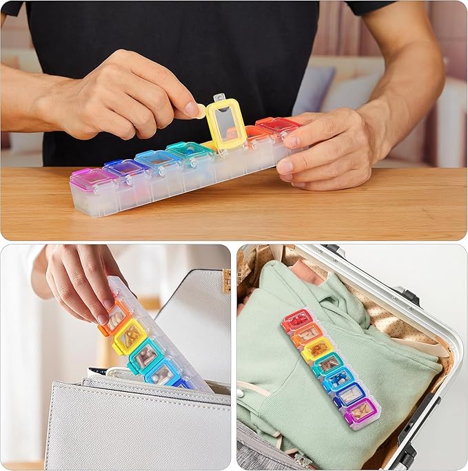 Fullicon Weekly Pill Organizer 7 Day Ultra Moisture and Spill Proof Daily Pill Box, Large Medicine Case with Secure Buckle, Compact Travel Pill Container for Pill, Vitamin, & Fish Oil (Rainbow Clear)