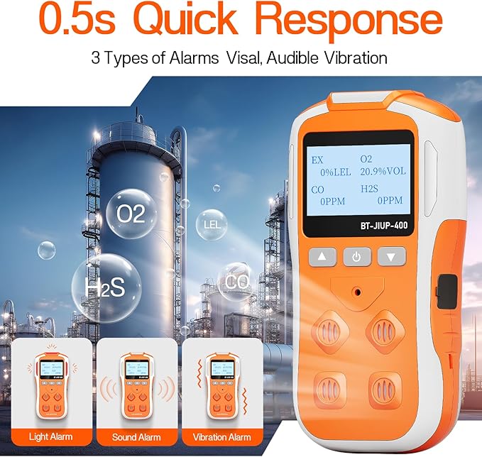 Gas Detector, 4-in-1 Monitor for H2S, CO, LEL, and O2 with Vibration, Visual, and Audible Alarms, 14-Hour Battery Life, Safety-Rated Explosion-Proof, for Work and Home - Orange