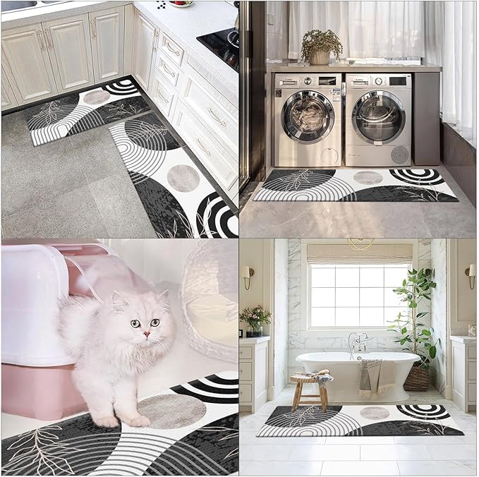 Kitchen Mats for Floor 2 PCS, Anti Fatigue Mat Set, Boho Cushioned Non Slip Waterproof Kitchen Rugs, Wipe Clean PVC Leather Runner for Sink, Laundry, Office, 17"x47"+17"x29", Black