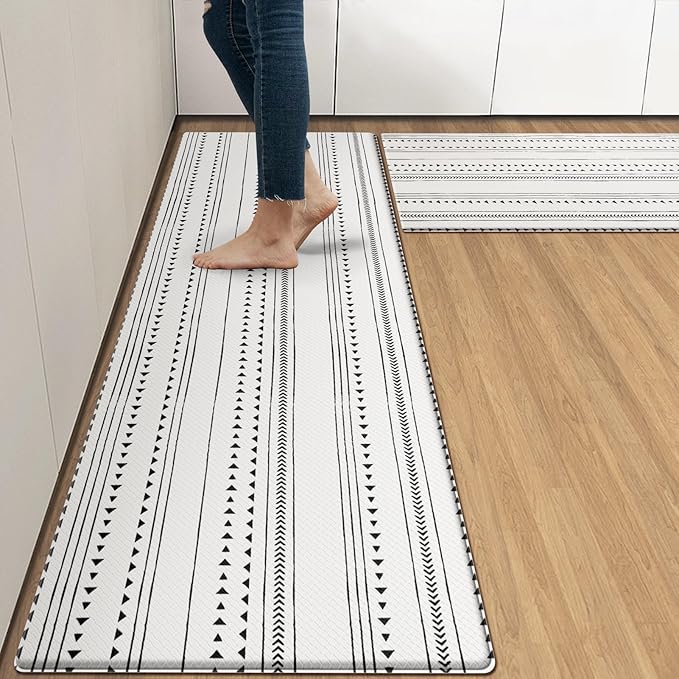 Arttown Black Anti-Fatigue Kitchen Rug Set of 2 White Arrow Trellis Cushioned Floor Standing Mat Waterproof Non-Slip Mat and PVC Ergonomic Comfort Foam Rug