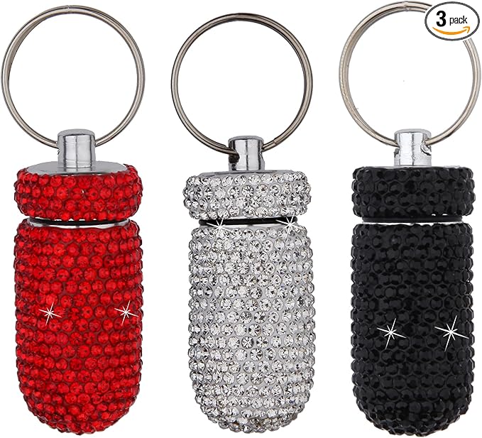 3PCS Bling Crystal Rhinestone Portable Pill Case Pill Container Waterproof Pill Holder with Keychain Glitter Travel Pill Box Small Medicine Dispenser Bottle Storage for Outdoor Camping Travel,15