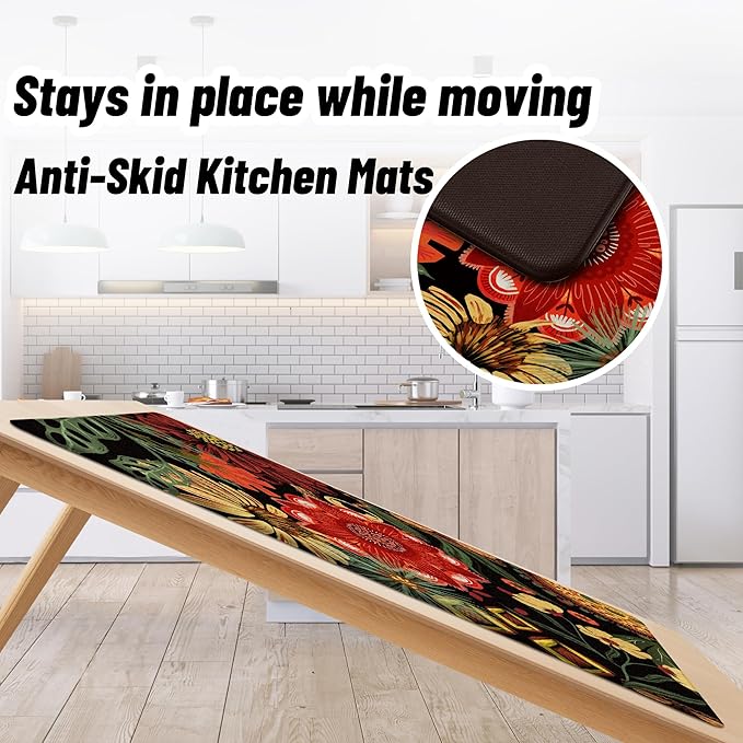 Black Boho Floral Kitchen Mats Rugs Sets of 2 Christmas Red Cushioned Anti Fatigue Floor Mat Comfort Kitchen Rugs Farmhouse Style Non Slip Waterproof Botanical Standing Mat for Sink Laundry