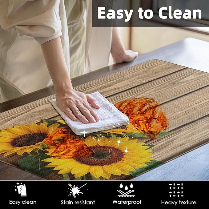 Anti-Fatigue Sunflower Kitchen Rug Set of 2 Cushioned Wooden Background Mat for Floor, Standing Waterproof Non-Slip Rug PVC Ergonomic Comfort Foam Kitchen Decor