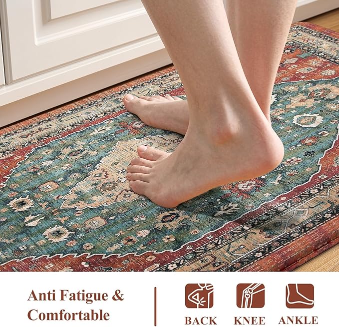 Collive Boho Cushioned Kitchen Mat, Comfort Anti Fatigue Mats for Kitchen Floor, Standing Desk Mat for Kitchen, Office, Laundry, Sink, 17”x47” Red Non-Skid Waterproof Kitchen Rugs