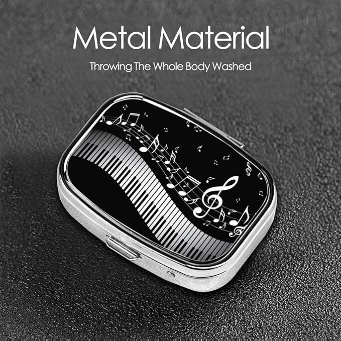 Men Women Pill Box Medicine Pill Case, White Piano Keys with Musical Notes Black Portable Medicine Tablet Vitamin Holder Organizer for Purse Pocket Travel Gift