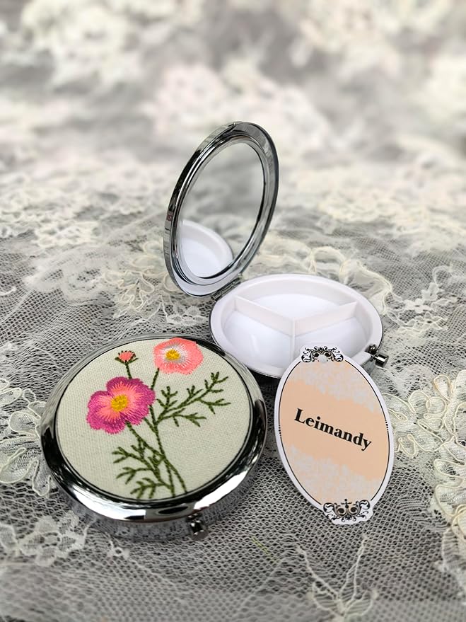 Leimandy 3-Compartment Embroidery Travel Pill Organizer with Mirror Portable Pill Case for Medication & Vitamins Compact Gift Box for Birthdays | Thanksgiving |Teachers Gift L3 (Cosmos Flower)