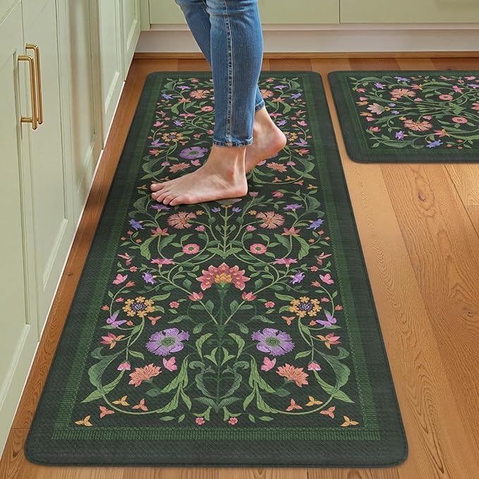 Collive Anti Fatigue Kitchen Rugs Sets of 2, Non Slip Waterproof Kitchen Mat Vintage Floral Runner Rug, Ergonomic Comfort Desk Rugs for Kitchens Floor, Sink, 20" x 47" + 20" x 32", Green
