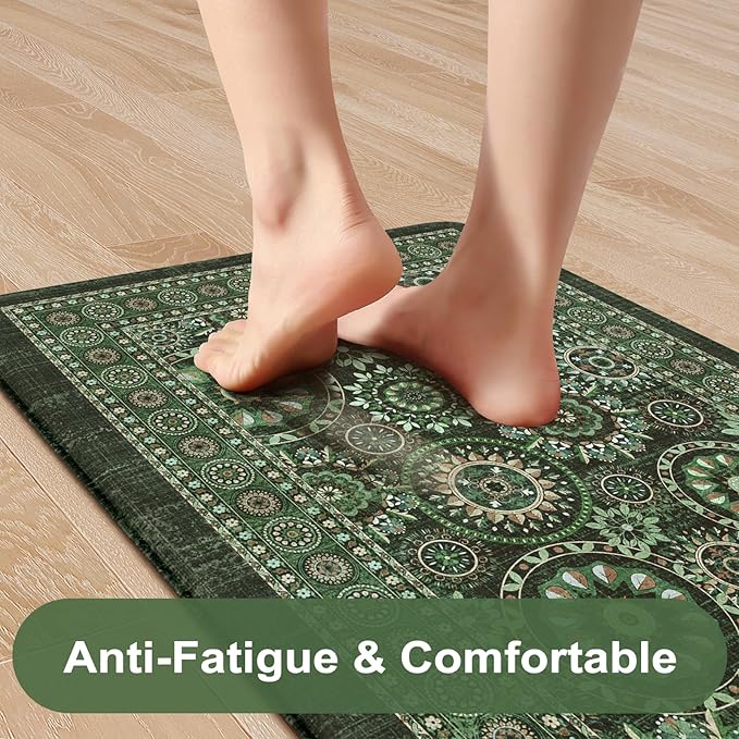 KIMODE Anti Fatigue Kitchen Mats for Floor 2 Piece Cushioned Boho Kitchen Rugs Memory Foam Kitchen Floor Mats Standing Desk Mats for Laundry Office Sink Green 17"x47"+17"x29"