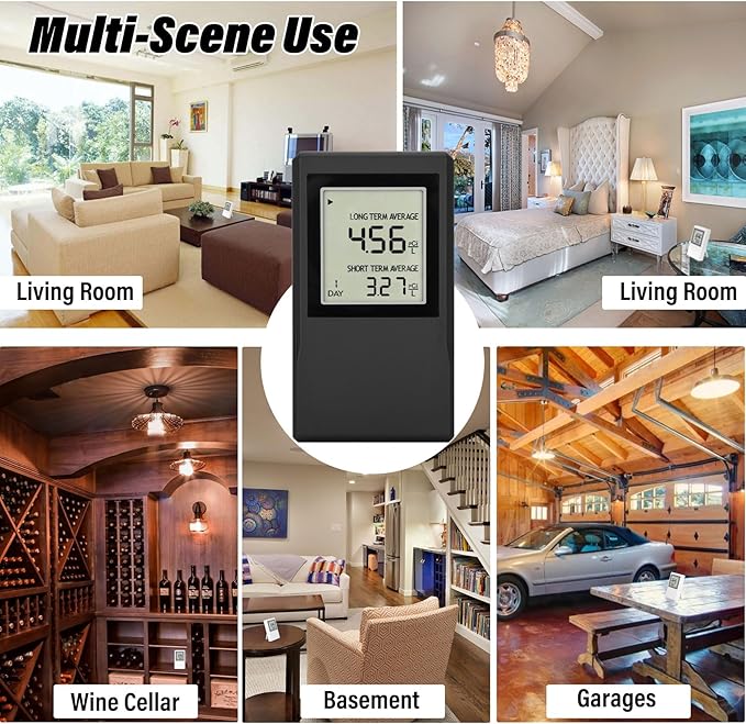 Radon Detector for Home, Allows Short and Long Term Monitoring of Radon Levels in The Air, Dual use for Hanging and Tabletop Placement, US Version-Pci/L,Radon Detector,Home Radon (Black)