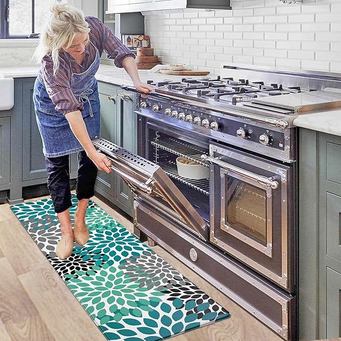 Likiyol Kitchen Mats for Floor Anti-Fatigue Comfort Kitchen Rugs, Boho Flower Cushioned Waterproof Kitchen Decor Mat Thick, 18''x60'', Teal
