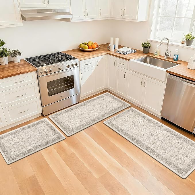 Pauwer Anti Fatigue Kitchen Floor Mats Set of 3, PVC Foam Padded Kitchen Rugs, Non Slip Cushioned Comfort Standing Mat, Waterproof Sink Rug for Small Kitchen Area, Laundry Room, Khaki